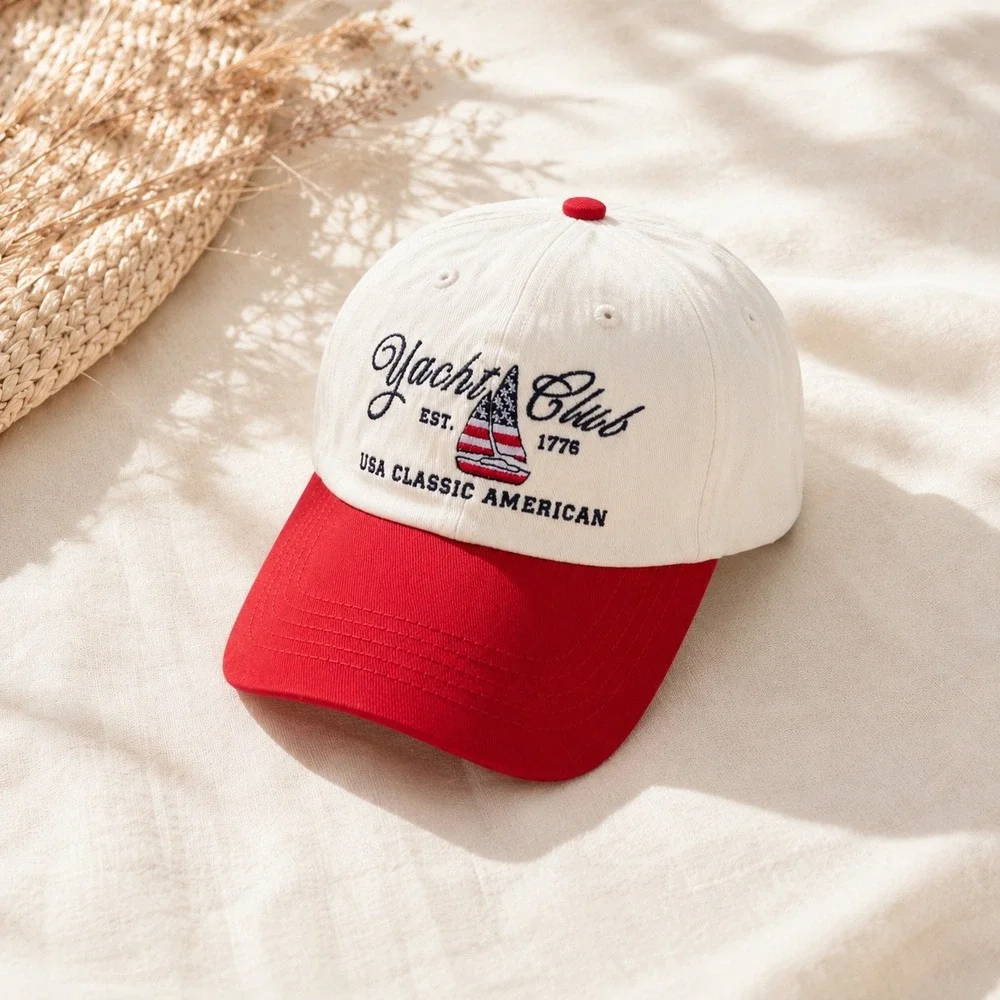 Time and Tru Yacht Club Baseball Cap Cream Red Nautical USA Classic American Hat